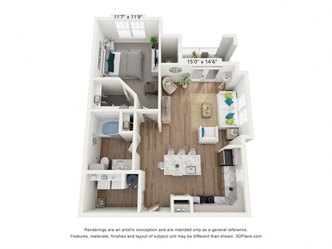 Floor plan for 1 bed, 1 bath, 795 sqft
